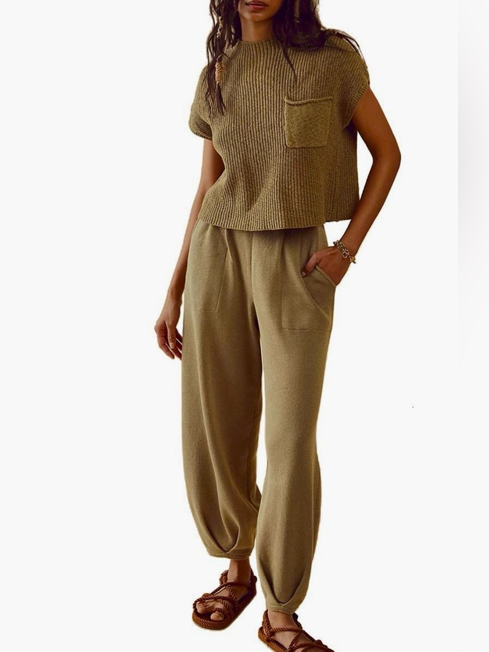 Casual Knit Sweater Mock Neck Top & High Waist Joggers Set in camel/tan small